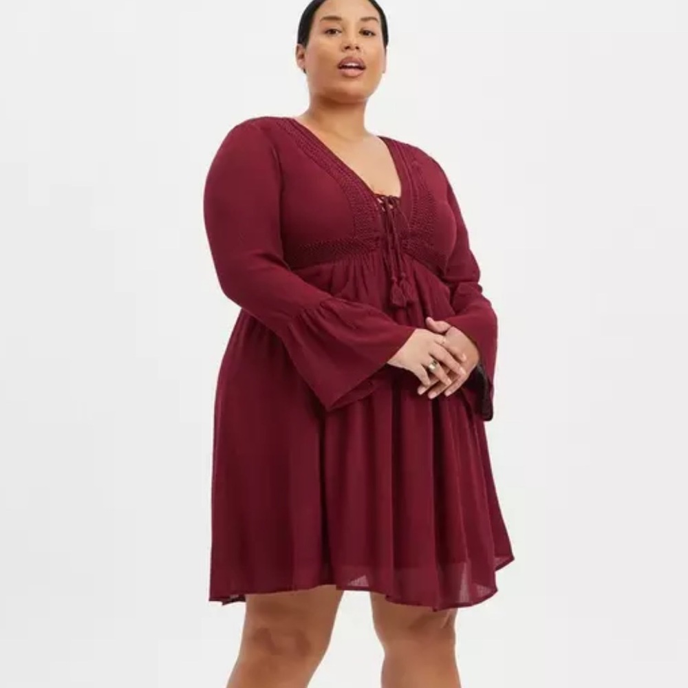 Torrid Zinfandel Long Sleeve Mini Gauze Lace Up Skater Dress - Picture 2 of 6